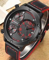 Curren 8262 Original Brand Leather Straps Wrist Watch For Men - Black and Red