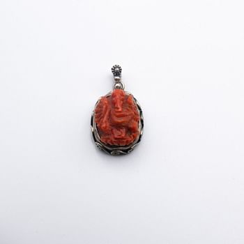 925 Sterling Silver Carved Ganesh of Natural Coral Crystal Pendant Style