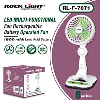 مروحة LED متعددة الوظائف RL-F-7071، مروحة تعمل ببطارية قابلة لإعادة الشحن، بطارية حمض الرصاص 1600 مللي أمبير في الساعة، شحن Micro USB، توفير الطاقة