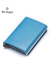 We Happy RFID Protection Leather Cover Ultra-Thin Aluminum Case Premium Credit Card Holder | Automatic Card Pop UP Wallet-blue
