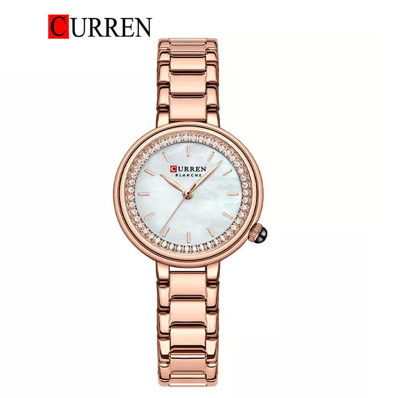 Curren 9089 Original Brand Stainless Steel Band Wrist Watch For Women / Rose Gold White Dial