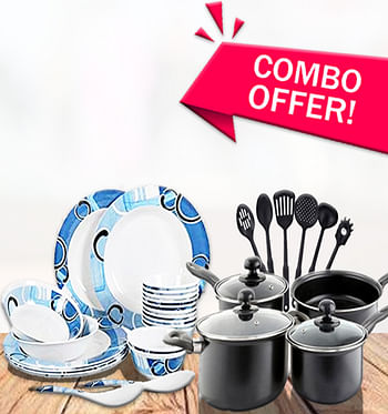 13-Piece Non-Stick Aluminum Cookware Black With 22-Piece Melamine Ware Dinner Set Rmds-9722 Blue/ White