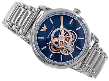 ساعة إمبوريو أرماني للرجال أوتوماتيكية فضية ستانلس ستيل بمينا أزرق 43 ملم AR60036