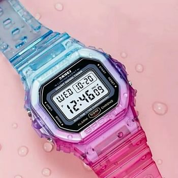 SKMEI  1622 Fashion Cool Girls Watches Electroplated  Case Transparent Strap Lady Women Digital Wristwatch.