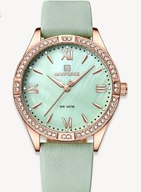NAVIFORCE NF5038 Green PU Leather Analog Watch For Women - Rose Gold &Green