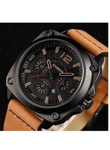 Curren 8260 Sports Leather Strap Analog Watch Alloy Case Quartz Watch For Men - Brown/Black