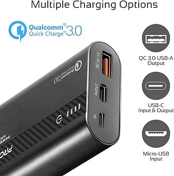 Promate 10000mAh USB-C Power Bank, Compact Palm Size 18W USB Type-C Input /Output Power Delivery External Battery Charger with QC 3.0 Port for iPhone XS /XS Max, Samsung S9/S9+, PowerTank-10 Black