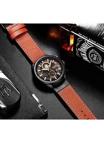 Men's Waterproof Geniune Leather BAnd Chronograph Quartz Watch 8380 - 48 mm