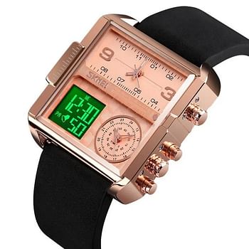 SKMEI 1584 Men's Multifunction Square Dial Digital Analog LED Chronograph Leather Strap Wristwatch.