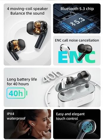 Mibro M1 Wireless Earphones, Bluetooth 5.3 Connectivity, 4 Moving-Coil Speaker, ENC Call Noise Cancelling, IPX4 Waterproof, 25mAh each Earbud, White/Black | XPEJ005-WHITE