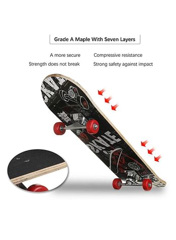 43 CM Wooden Skateboard for Kids 7 Layer Maple Wood Smooth Wheels Outdoor Sports Games Comes in Assorted Colors and Designs - Skate Black & Red