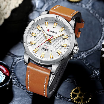 CURREN 8376 Casual New Watches for Men with Leather Big Dial with Date Fashion Wristwatch masculino Brown/Silver
