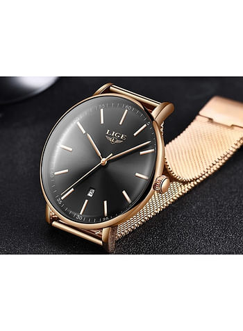 LIGE Luxury  9908 Waterproof Ultra Thin Belt Fashion Casual Quartz Men Wrist Watch- Rose Gold