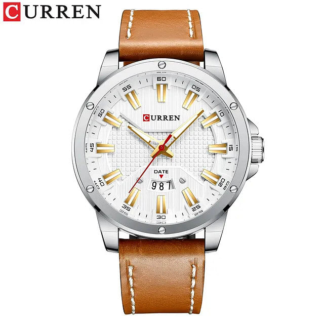 CURREN 8376 Casual New Watches for Men with Leather Big Dial with Date Fashion Wristwatch masculino Brown/Silver