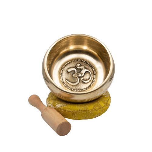 Authentic Himalayan Golden Shinning OM Singing Bowl Single Set Handcrafted in Nepal Medium (403 grams) – Includes Traditional Wooden Striker and Silk Cushion Included – Ideal for Healing, Mindfulness, Meditation, and Yoga