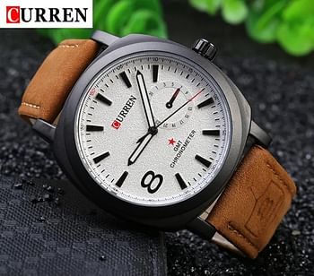 CURREN 8139 Original Brand Leather Straps Wrist Watch For Men Brown/Black and White