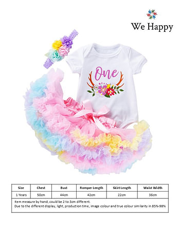 We Happy 4 Pieces 1st Birthday Baby Girl Costume Set, Newborn Princess ONE Printed Dress for Theme Party Photoshoot, Unicorn Bodysuit with Tutu Skirt, Cake Topper and Floral Headband - Multicolor, 1 Year