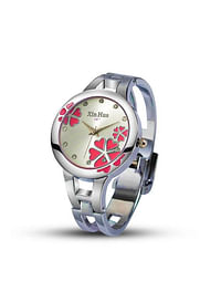 ساعة يد نسائية من XinHua ستانلس ستيل أنيقة كوارتز تناظرية وسوار بتصميم زهرة - فضي-وردي