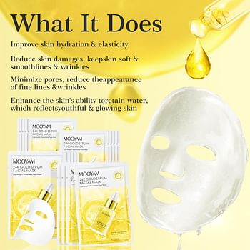 24K Gold Serum Facial Mask, Pack of 5, Lightweight Breathable Face Mask, Layer by Layer Hydration Moisturing Anti-Aging Facial Sheet Mask Skin Care, Pack of 5