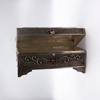 Exquisite Pure Silver Filigree Inlay Jewel Woman Jewelry Storage Box, Ruby And Emerald Gemstones Box