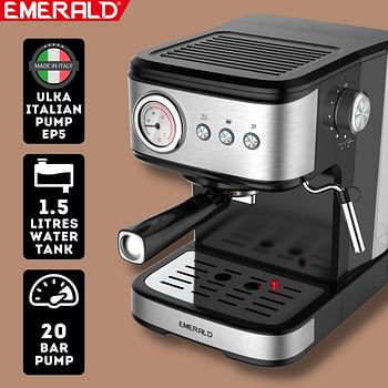 EMERALD - Brush Stainless Steel Automatic Coffee Machine, Espresso and Cappuccino Maker. 20 Bar, 1.5 Litre Water Tank, Frothing Function, Removable Drip Tray.