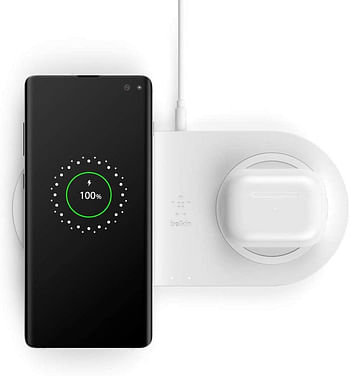 وسادات الشحن اللاسلكية المزدوجة Belkin BOOST CHARGE - 10W Fast Qi Certified for iPhone 11 / 11Pro / 11 Pro Max / Xs Max / XR / XS / X / 8 Plus / 8 ، Airpods Pro ، Samsung ، Android وغيرها من الأجهزة التي تدعم QI - أبيض