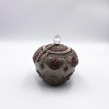 Antique Ornate Jewel-Encrusted Decorator Container Crystal Filgree Bowl with Lid Home Decoration Silver Plated Inlay with Crystal quartz, Emeralds and Rubies Gemstones Handcrafted in Nepal - Small piece