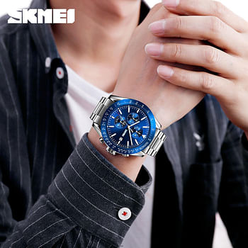 SKMEI 9253 New Design Silver Mens Quartz Watch Original Stainless Steel Band 3 Dials Chronograph Calendar Casual Watch Design - Silver Blue