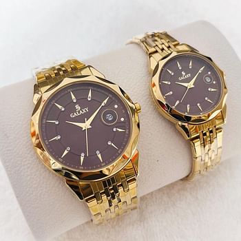 Galaxy 2363 Stailess Steel Water Resistant Analog Couple Watch gold black