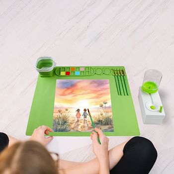 Silicone Painting Mat with Foldable Cup and Paintbrushes Green