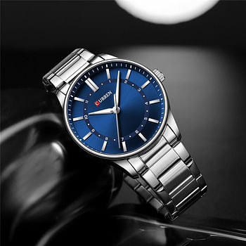 Curren 8430 Original Brand Stainless Steel Band Wrist Watch For Men / Silver and Blue Dial