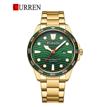 Curren 8426 Original Brand Stainless Steel Band Wrist Watch For Men / Gold and Green Dial