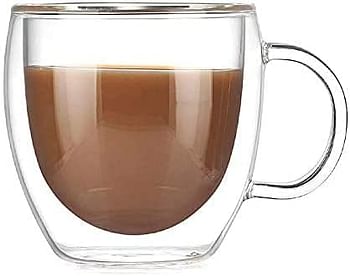 2-Pack Double Walled Glass Coffee Mugs with Handle,Insulated Layer Coffee Cups,Clear Borosilicate Glass Mugs,Perfect for Cappuccino,Tea,Latte,Espresso,Hot Beverage,Wine,Microwave Safe (250ml 2pcs)