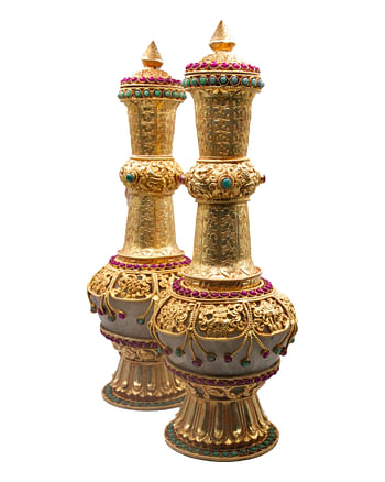 Pair of Golden Plated Vase with Crystal quartz, Rubies and Emeralds Gemstones Gold Gilted Flower Vase Antique Home Decoration Cultural Surahi Handicraft in Nepal