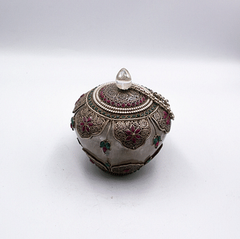 Antique Ornate Jewel-Encrusted Decorator Container Crystal Filgree Bowl with Lid Home Decoration Silver Plated Inlay with Crystal quartz, Emeralds and Rubies Gemstones Handcrafted in Nepal - Small piece