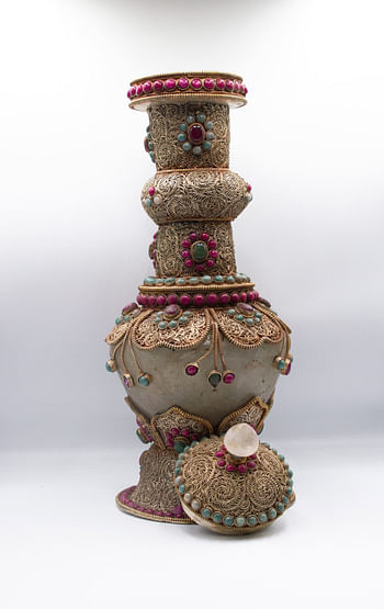 Antique Handcarved Crystal Filgree Flower Vase Home Decoration Silver Plated Inlay Jewelry Vase with Crystal quartz, Rubies and Emeralds Gemstones Handcrafted in Nepal