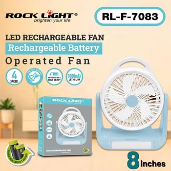 Rocklight 8 Inch and 5 Blades LED Rechargeable Fan RL-F-7083 with 3000 MAH Powerful Lithium Battery, 4 Speed Choice, Type-C Charging, LED Light