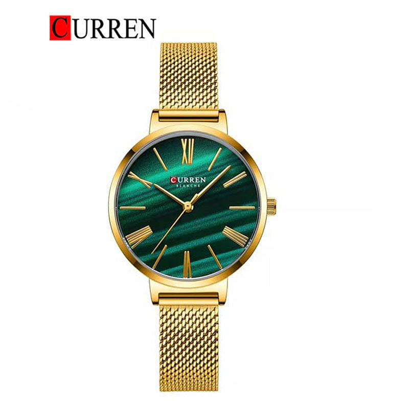 Curren 9076 Original Brand Stainless Steel Band Wrist Watch For Women / Gold Green Dial