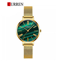 Curren 9076 Original Brand Stainless Steel Band Wrist Watch For Women / Gold Green Dial