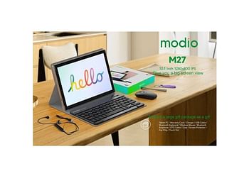 جهاز الكمبيوتر اللوحي Modio M27 بنظام Android 10.1 بوصة بشريحتين وكاميرا مزدوجة مع لوحة مفاتيح لاسلكية وماوس 8GB RAM 256GB ROM أسود