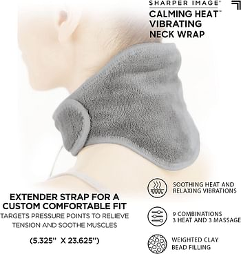 Calming Heat Neck Wrap by Sharper Image Personal Electric Neck Heating Pad with Vibrations 3 Heat And 3 Vibration Settings 9 Relaxing Combinations - Grey