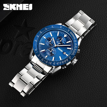 SKMEI 9253 New Design Silver Mens Quartz Watch Original Stainless Steel Band 3 Dials Chronograph Calendar Casual Watch Design - Silver Blue