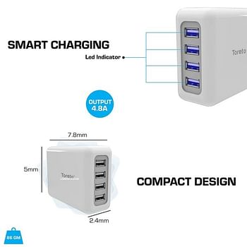 Unicharge 4.8A Desktop USB Turbo Charger Hub (White, TOR-504) TORETO