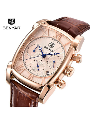 BENYAR Luxury Chronograph Mens Wrist Watch Premium 30 M Water Resistant Quartz Movement Dial with Leather Strap - Brown