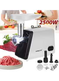 SOKANY Electric Meat Grinder 2500W Max Ultra Powerful 3 in 1 Multifunction Electric Meat Grinder Sausage Stuffer 1 Cutting Blade 3 Grinding Plates & Kubbe Attachment