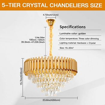 Crystal Chandelier Living Room,Dia 60cm Gold Modern Crystal Chandelier Lamp, Round Crystal Chandelier Light for Dining Room, Hotel Hall Art Decor