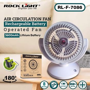 RL-F-7086 8" Air Circulation Fan with Rechargeable Battery, Operated Fan, 3600 MAH High-Capacity Battery, 180 Degree Rotation, Micro USB Charging