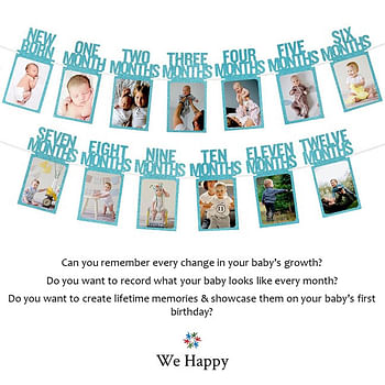 New Born to Twelve Months Birthday Photo Frame Banner for Parties | Memorable Gift Idea Amazing Photoshoot Decoration - Blue