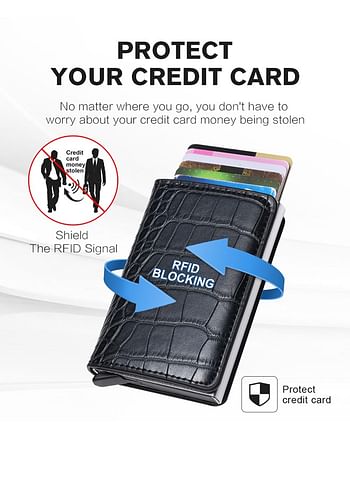 We Happy RFID Protection Leather Cover Ultra-Thin Aluminum Case Premium Credit Card Holder | Automatic Card Pop UP Wallet-CARBON BLACK