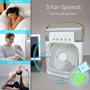 Portable Air Cooler Fan with Humidifier 2pcs combo pack 3-Speed Turbine Airflow 7-Color LED Perfume Diffuser and Timer Function - Ideal for Home and Office Cooling